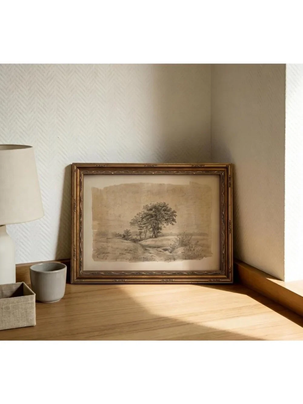 Vintage Gold Framed Rustic Landscape Wall Art, Antique Tree Grove Canvas Print